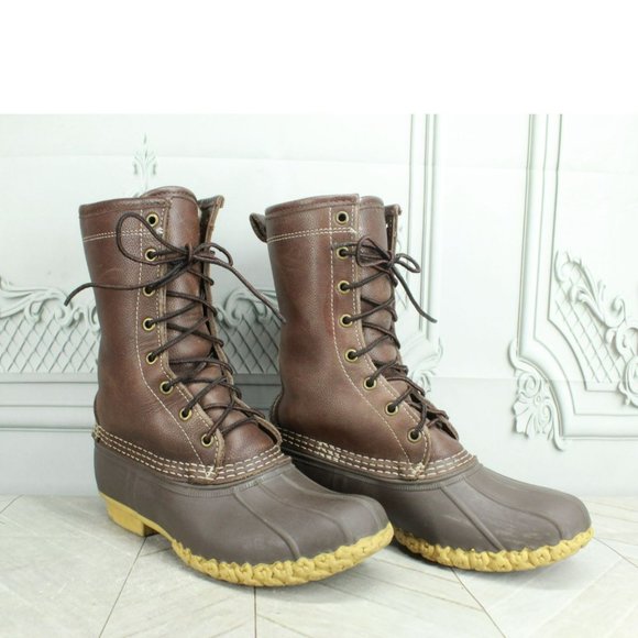 LL Bean Brown Leather Lace Up Shearling Lined Mid Calf Duck Boots Size 7 M - Picture 2 of 9